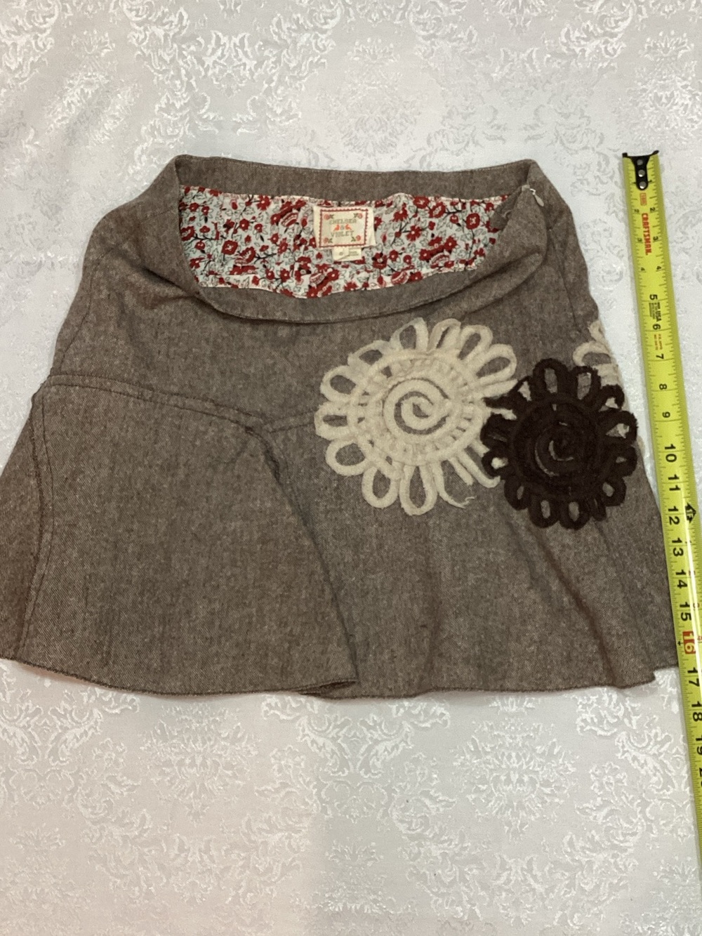 Chelsea & Violet Taupe A-Line Skirt with Cream & Dark Brown Floral Appliqués